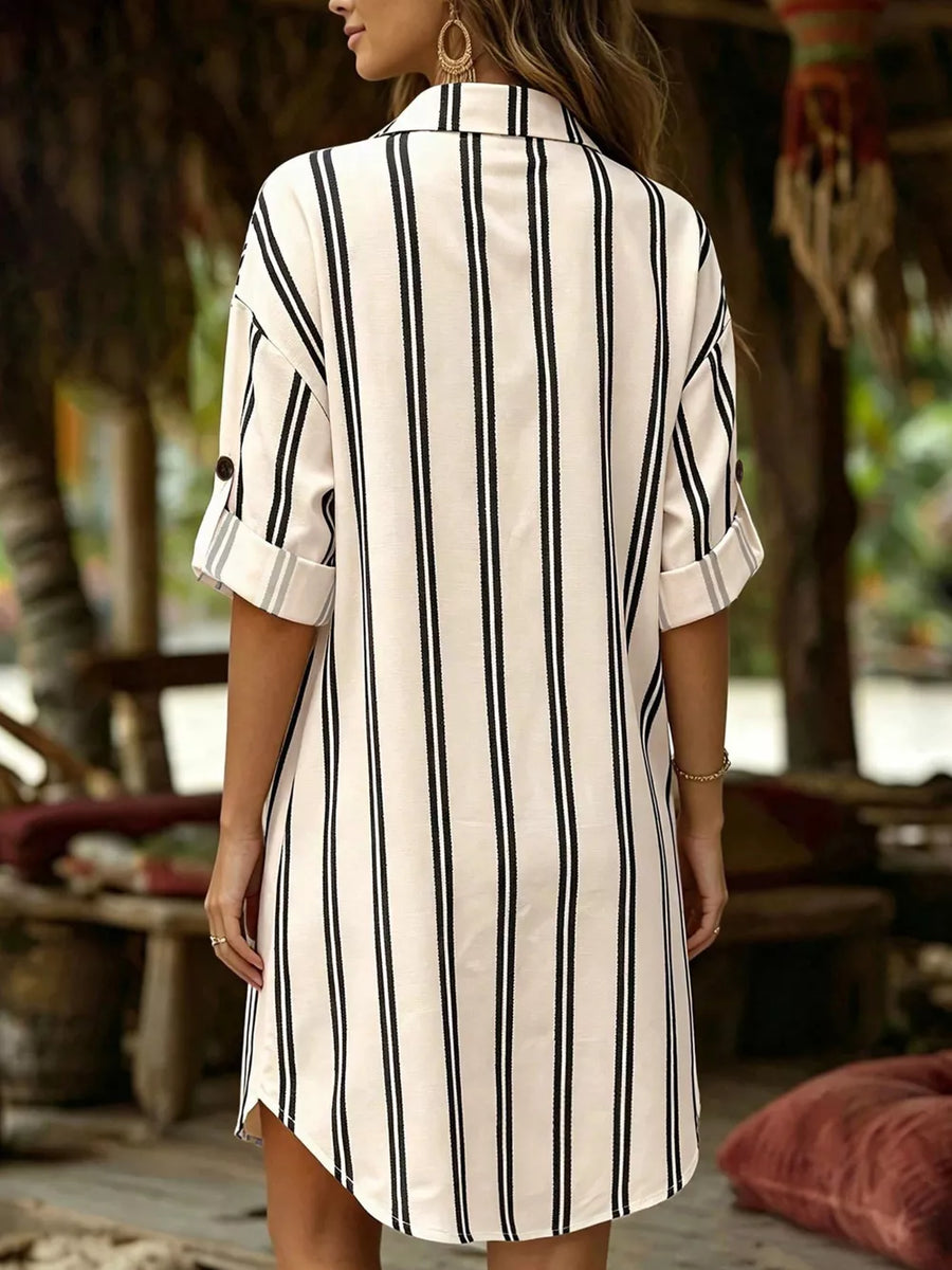 Multicolor with Striped Button-down Shirt Dress