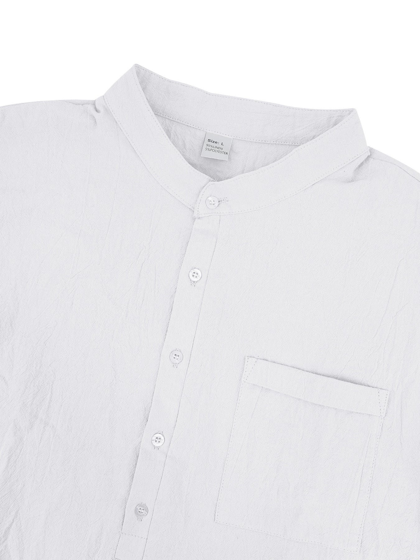 White cotton band collar button-down shirt with chest pocket