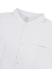 White cotton band collar button-down shirt with chest pocket