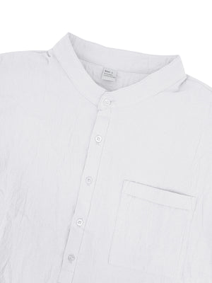 White cotton band collar button-down shirt with chest pocket