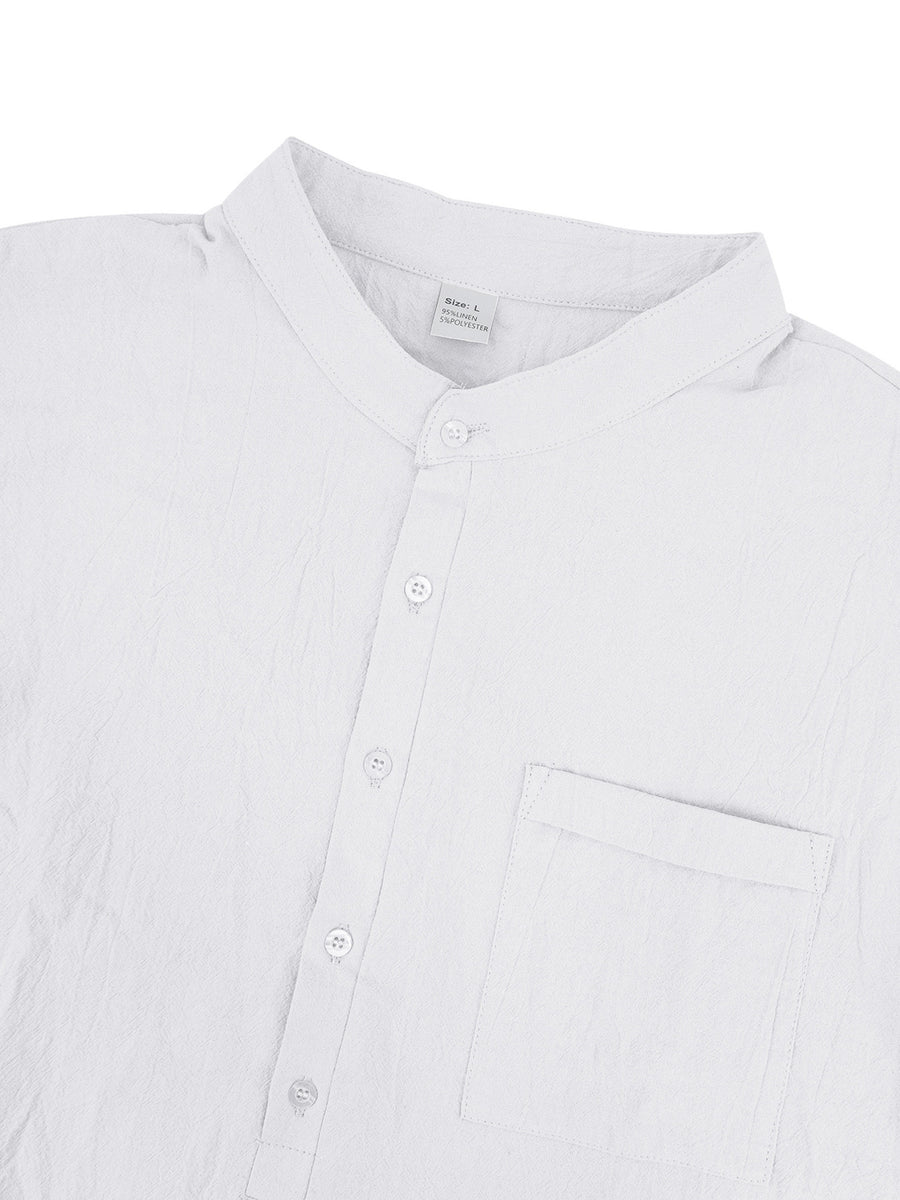 White cotton band collar button-down shirt with chest pocket