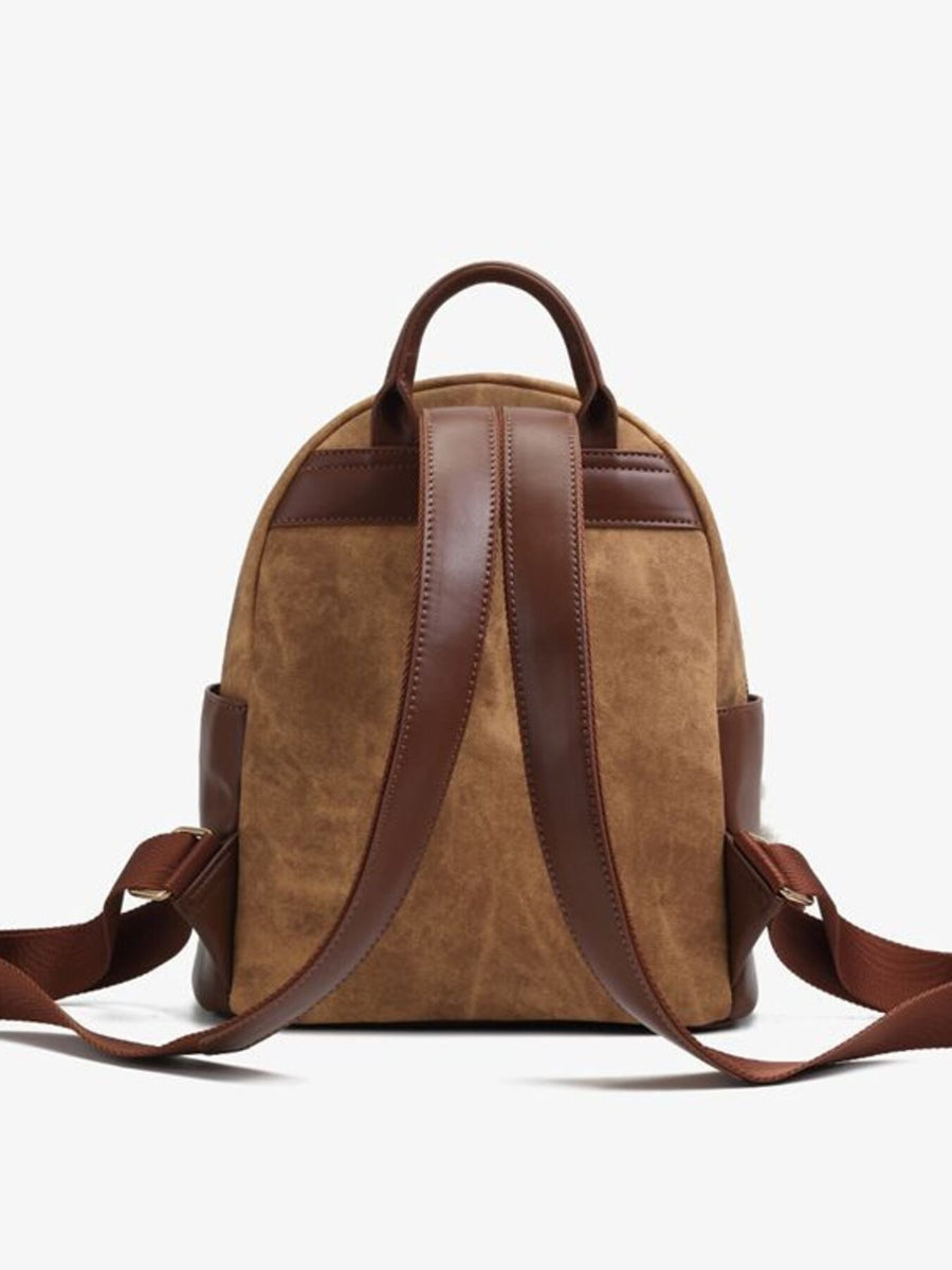Mini cartoon cat backpack bag in caramel brown with adjustable straps and leather accents.
