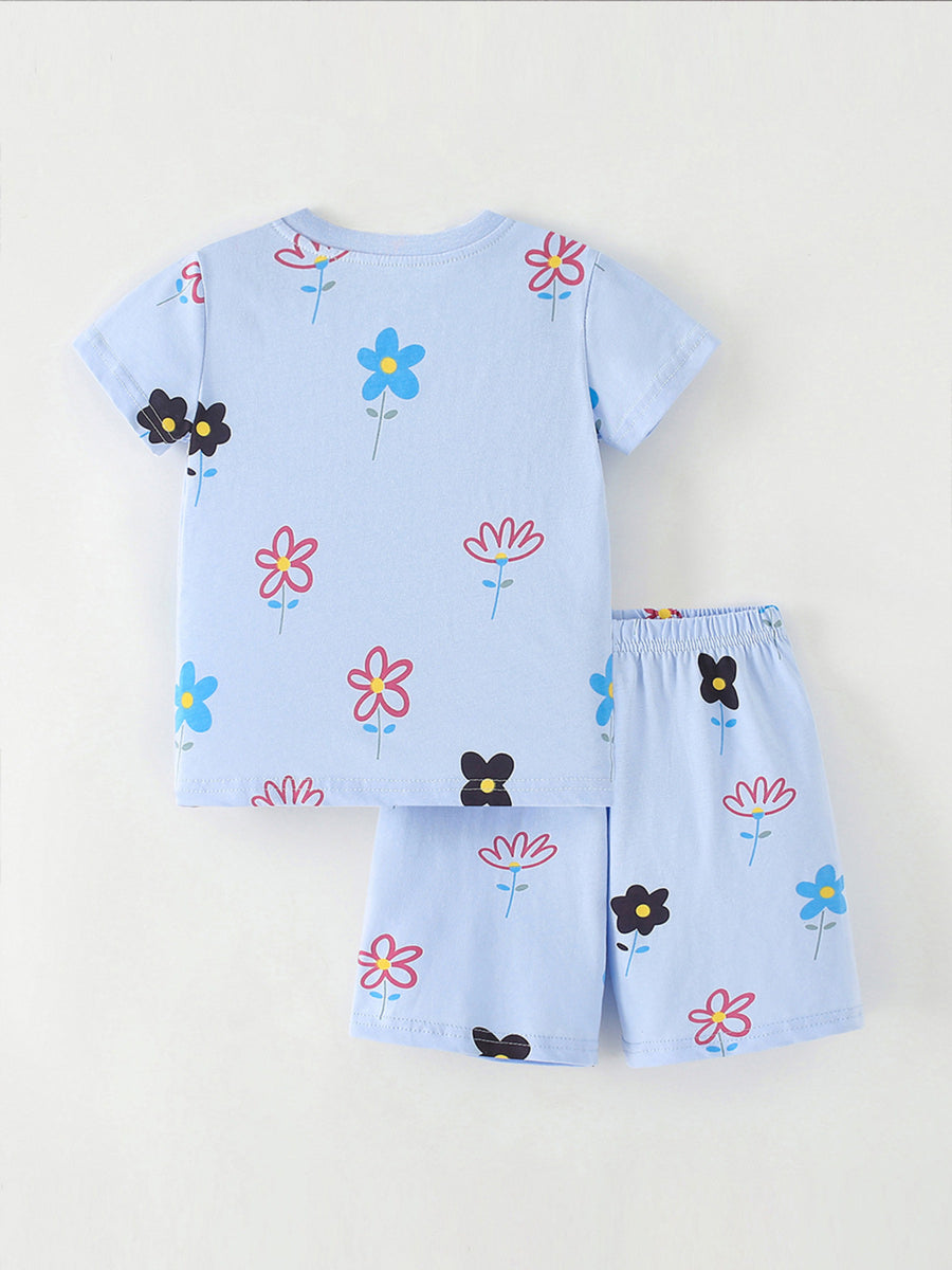 Light blue cotton toddler tee and shorts set with a colorful floral print.
