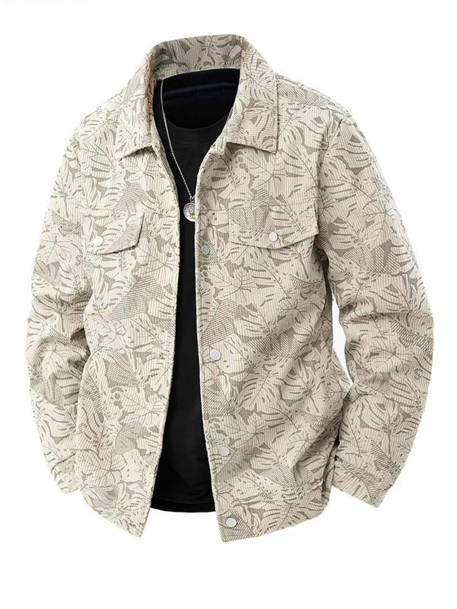 Plus-size corduroy jacket in light khaki with a leaf print, buttoned front and chest pockets.