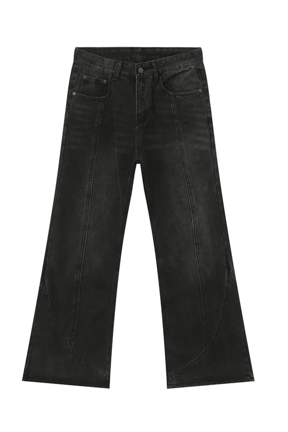 Black denim jeans with panel seams and a flare leg cut.