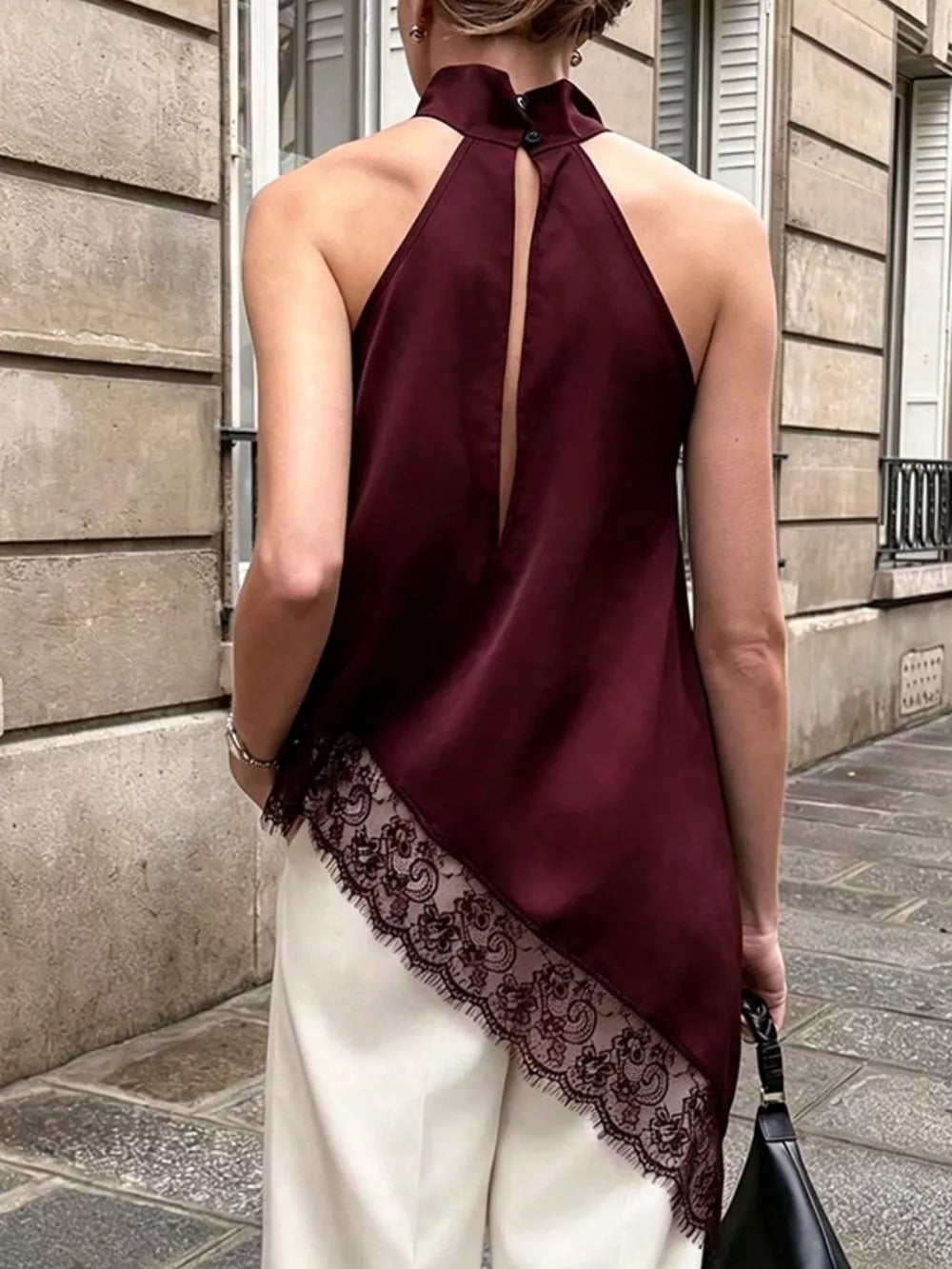 Brown with Polka Dot Lace Trim Asymmetrical Hem Sleeveless Blouse