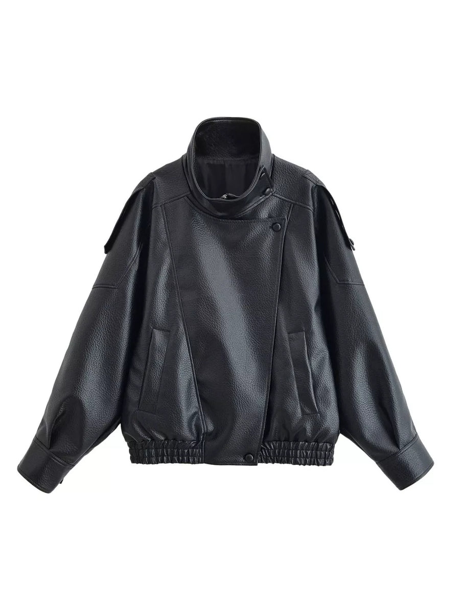 Zip-up Faux Leather Moto Jacket in Black