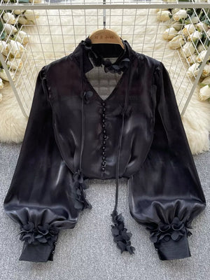 Black button-down shirt with floral appliqué details and balloon sleeves.