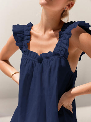 Navy ruffled square neck tank top with drawstring waist and side pockets.