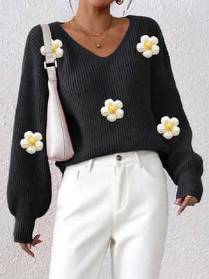 v-neck sweater featuring floral in Black with 100% polyester Care instructions: Machine wash cold texture