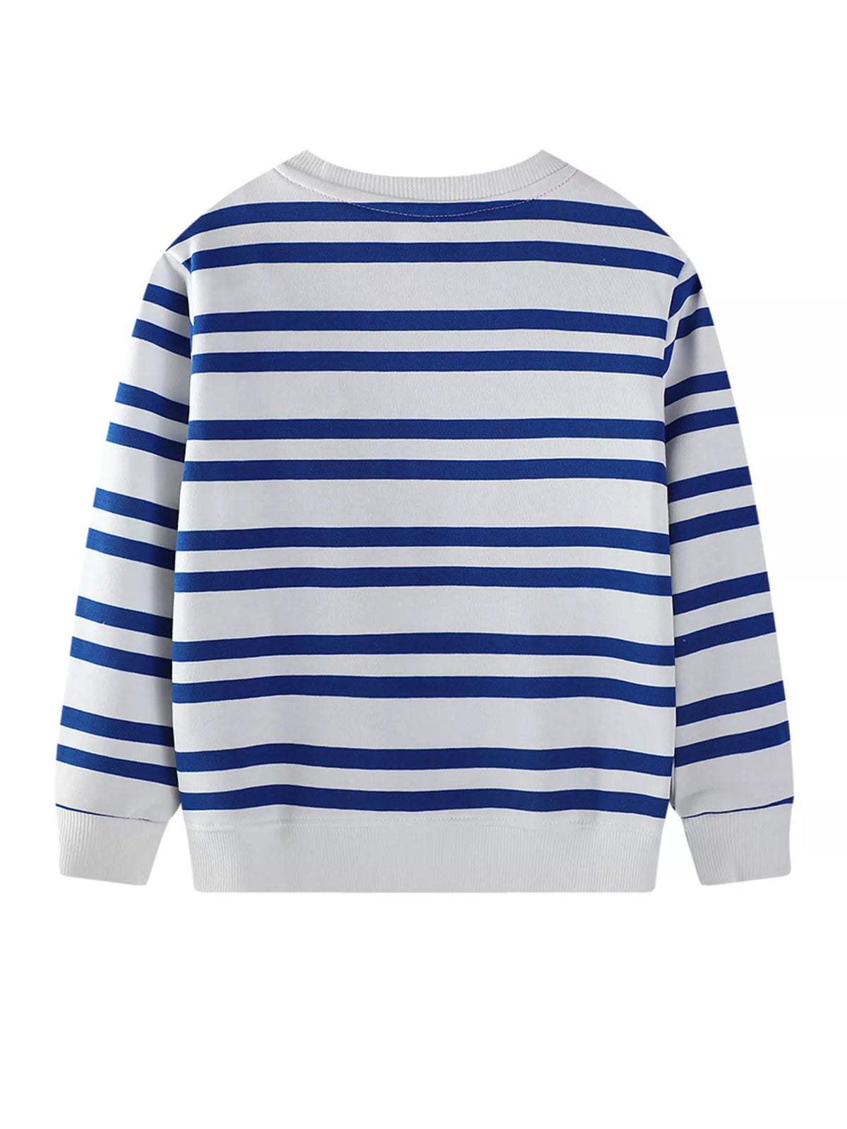 Baby sweatshirt white with blue stripes, crew neck, long sleeves, ribbed cuffs and hem.
