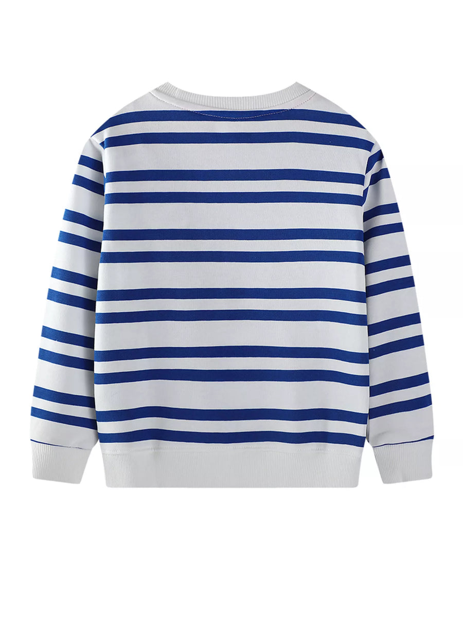 Baby sweatshirt white with blue stripes, crew neck, long sleeves, ribbed cuffs and hem.