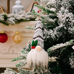 Gray and white striped gnome ornament with white beard and red berries