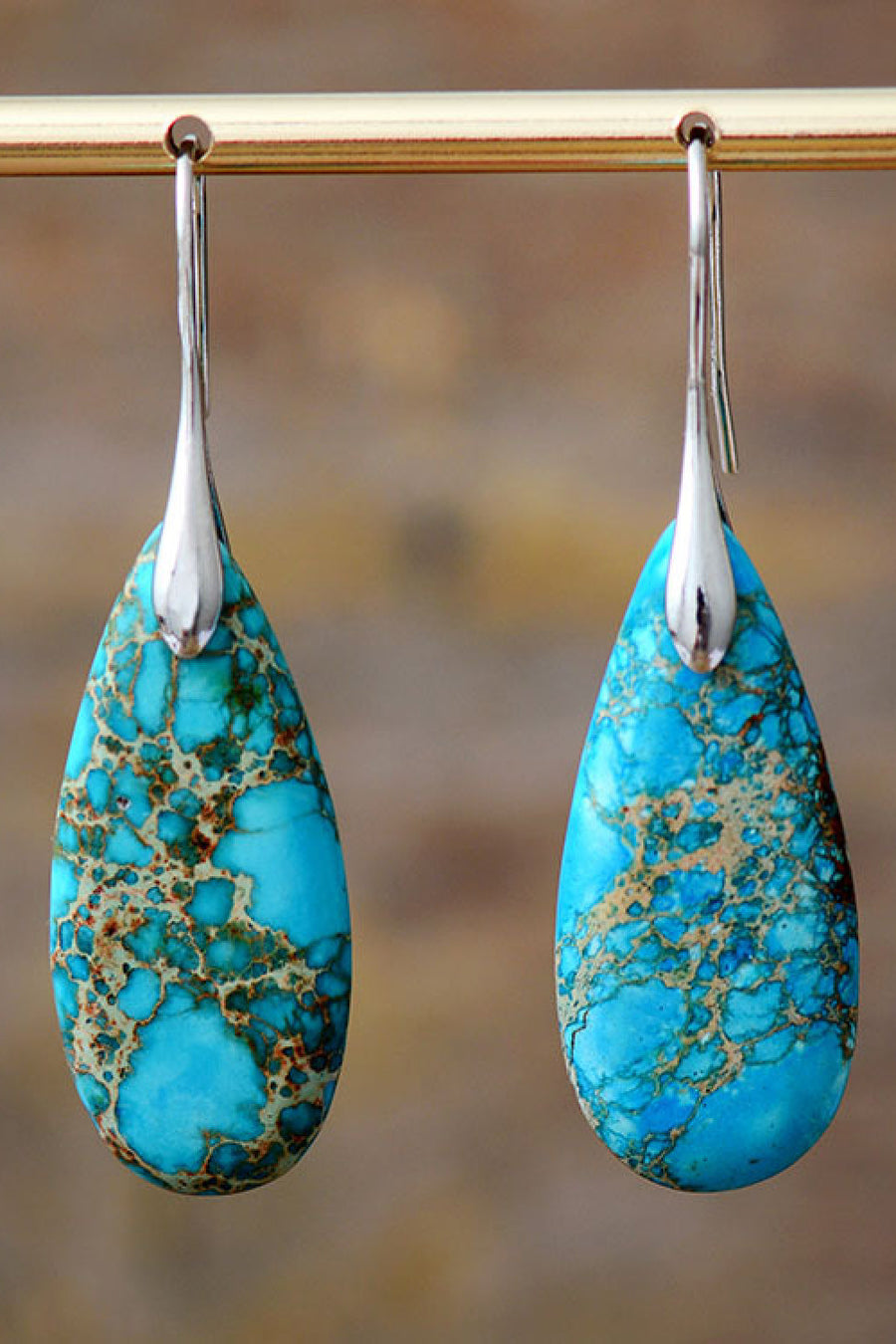 Teardrop Jasper Drop Earrings in Silver/Blue with unique blue and brown marbled pattern.