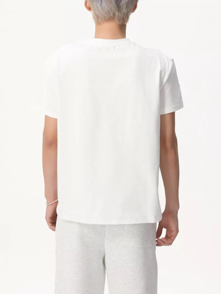 White cotton spandex casual tee with round neck and short sleeves, shown from the back.