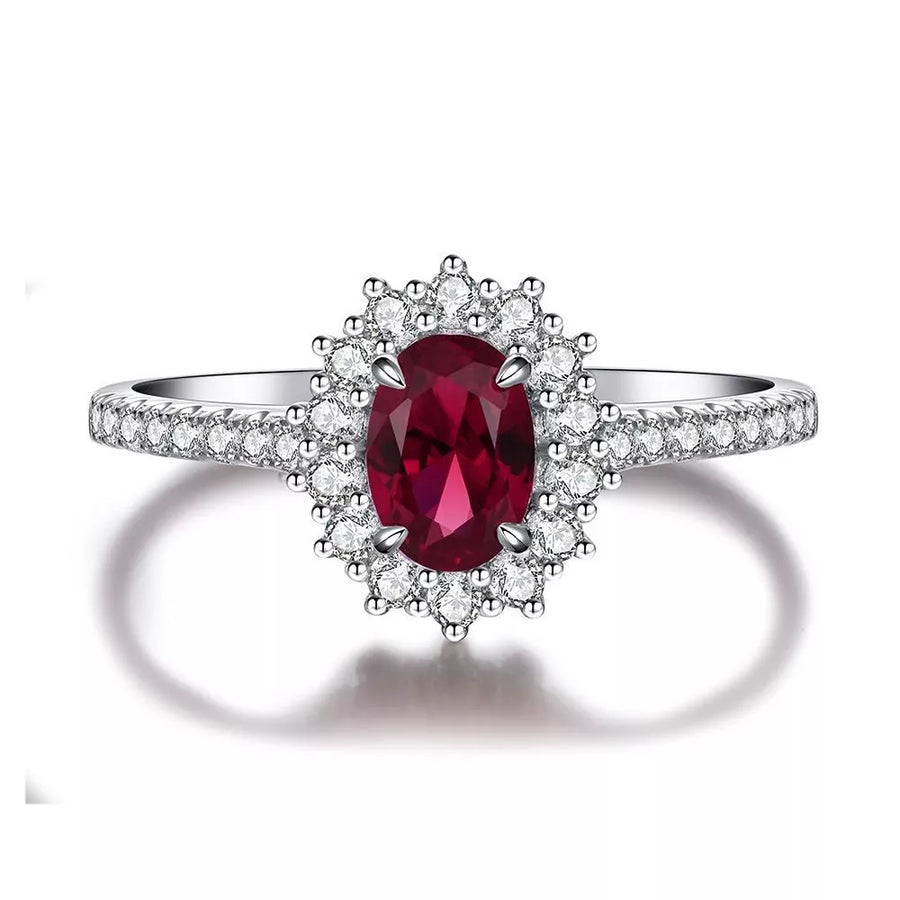 925 Sterling Silver Zircon Oval Ring in ruby red with halo setting