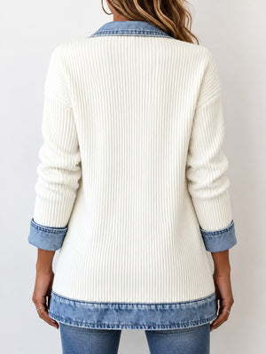Full Size Denim Trim Ribbed Knit Cardigan in Red
