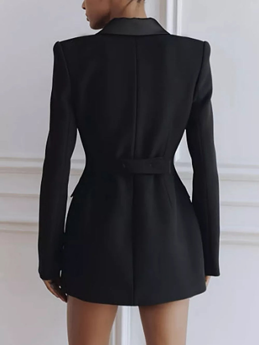 Satin Lapel Double-breasted Blazer in Black