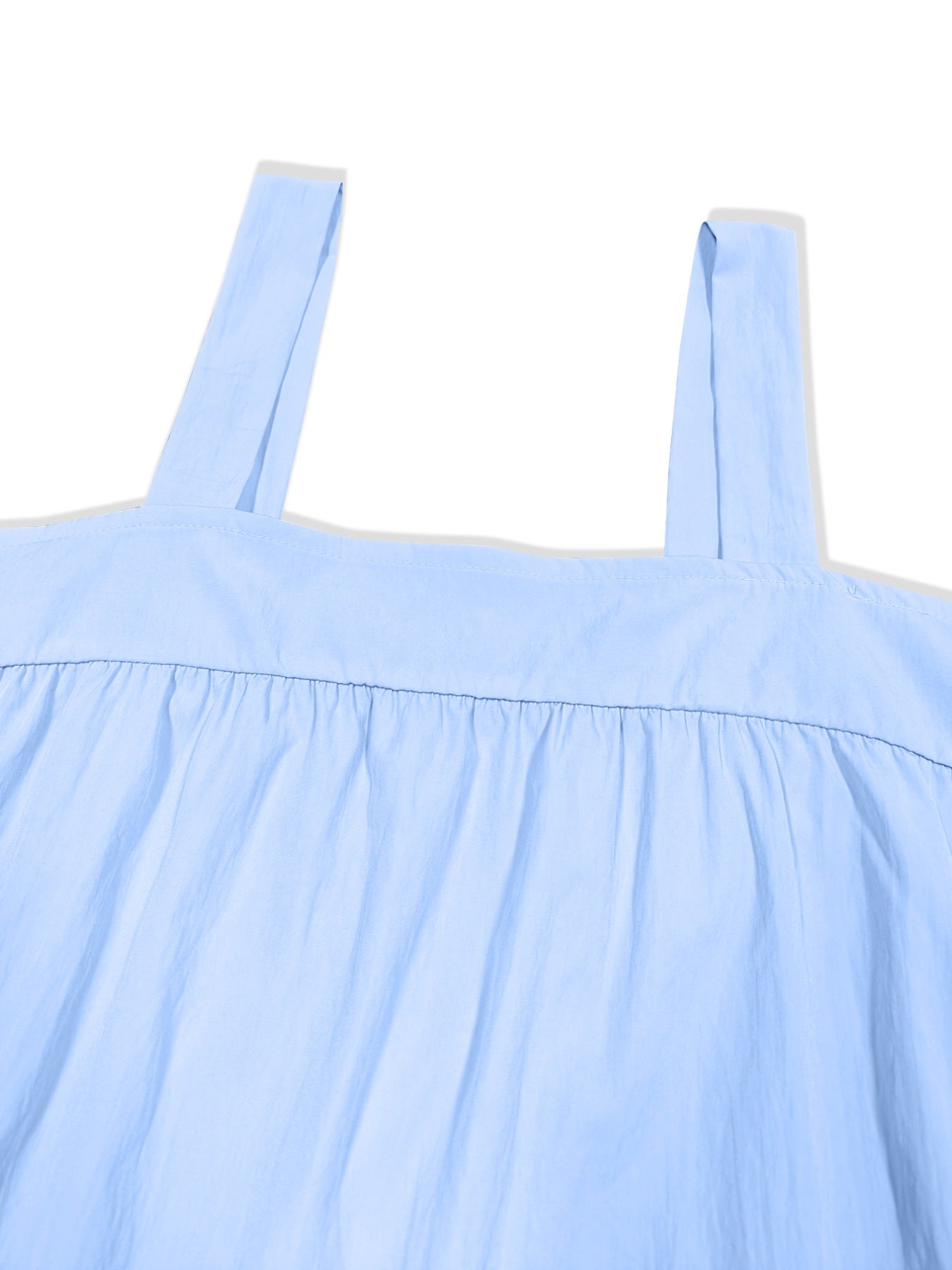 Light blue wide strap dress with gathered bodice detail