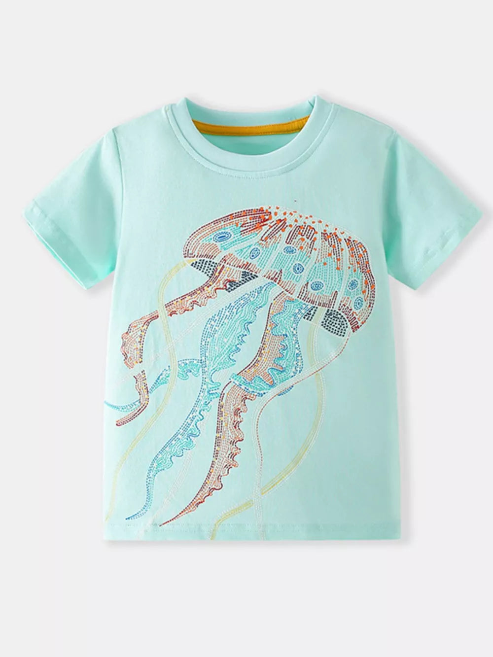 Toddler tee in light blue cotton with a colorful embroidered jellyfish graphic.