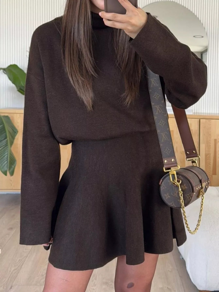 Coffee brown turtleneck sweater and flared skirt set, women's casual autumn outfit