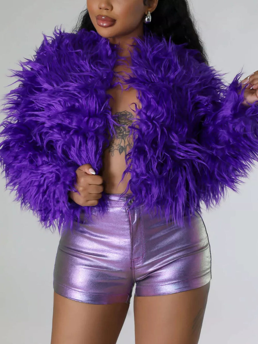 Faux Fur Open Front Cropped Outerwear in Black