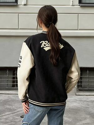 Contrast Baseball Jacket With Embroidered Lettering in Black