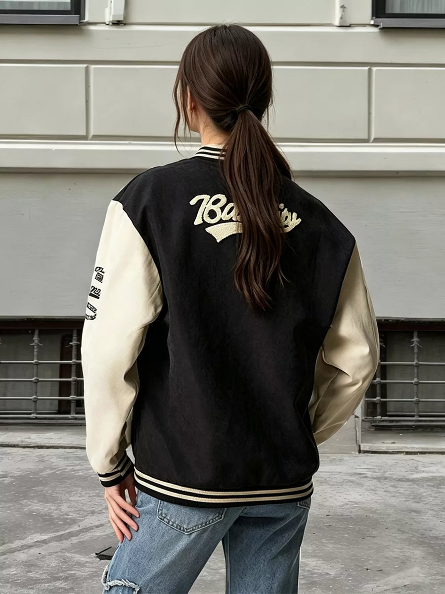 Contrast Baseball Jacket With Embroidered Lettering in Black