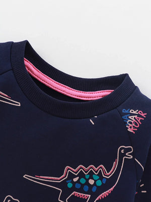 Dark navy cotton sweatshirt with dinosaur print and pink neckline detail.