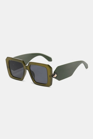 Moss green geometric facet sunglasses with embellished snake detail