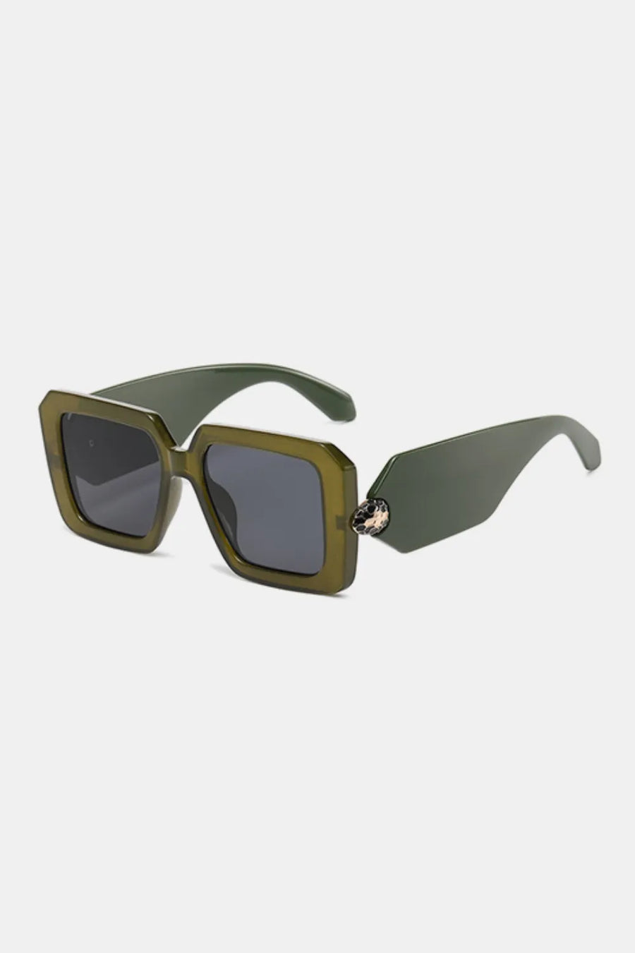 Moss green geometric facet sunglasses with embellished snake detail