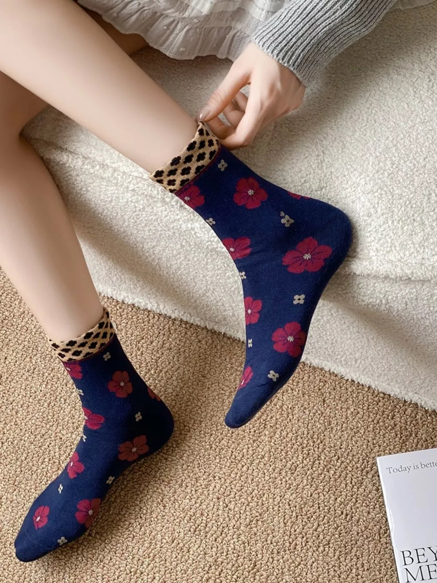 cream socks with elastic and floral