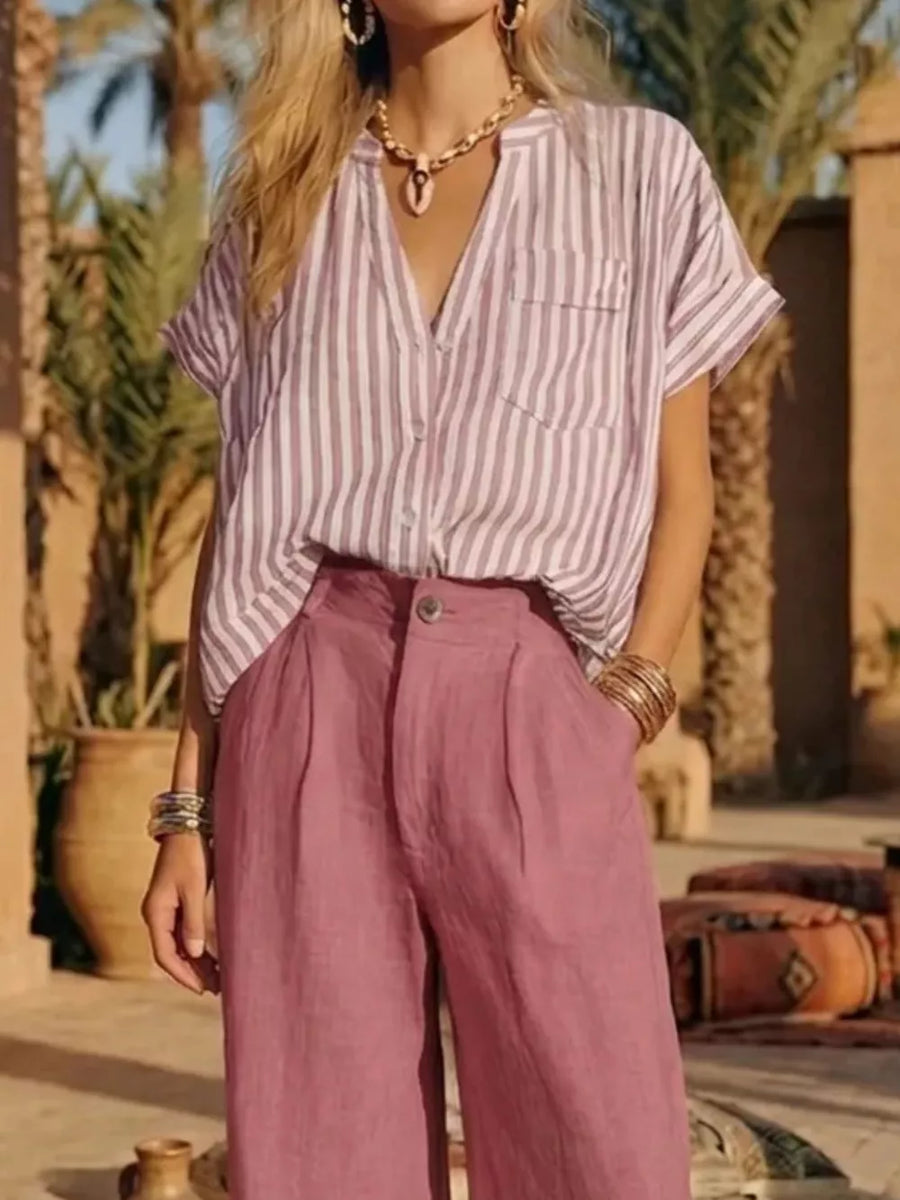Full Size Striped Button Up Shirt And Pants Set Plus Size in Blue