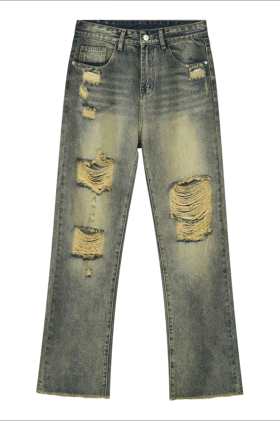 Distressed baggy denim jeans in medium wash with shredded knees and a casual fit.