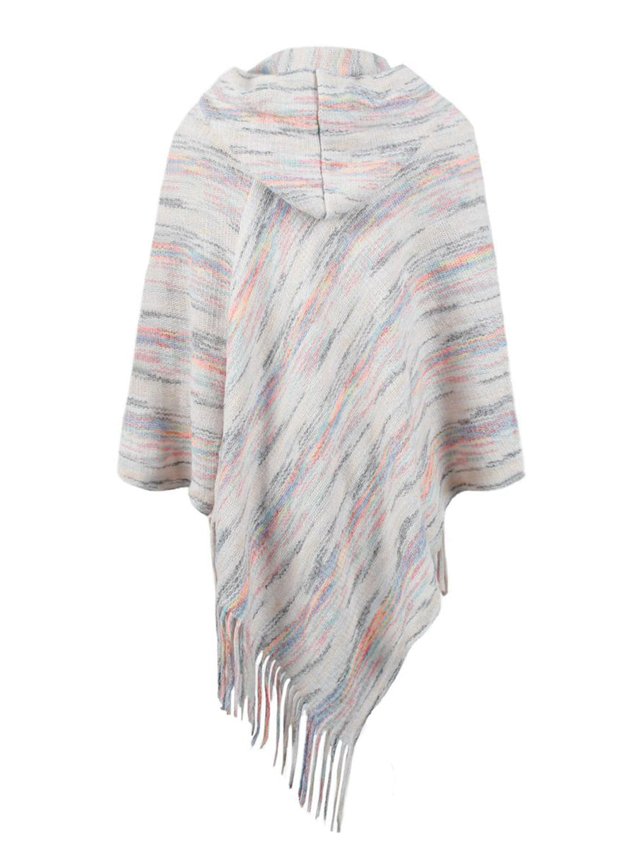 Hooded mélange cape in ivory with colorful stripes and fringe detail.