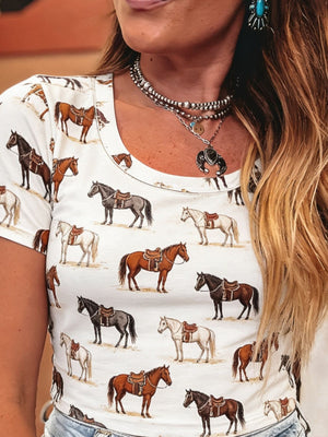 White fitted t-shirt with all-over horse print and scoop neck.