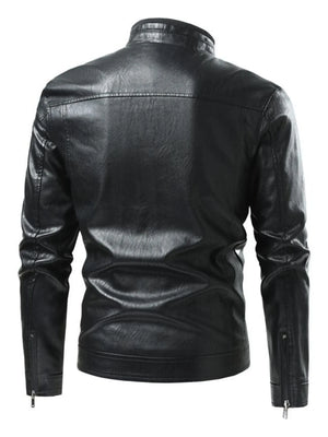 Black plus-size moto jacket with zip cuffs and a stand collar.