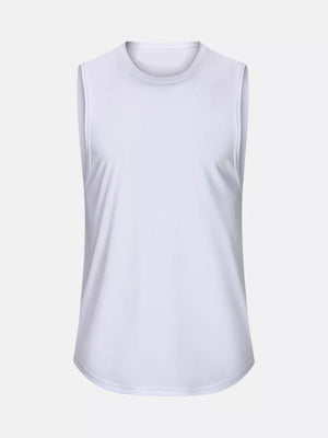 White relaxed fit men's tank top with crew neck and curved hem