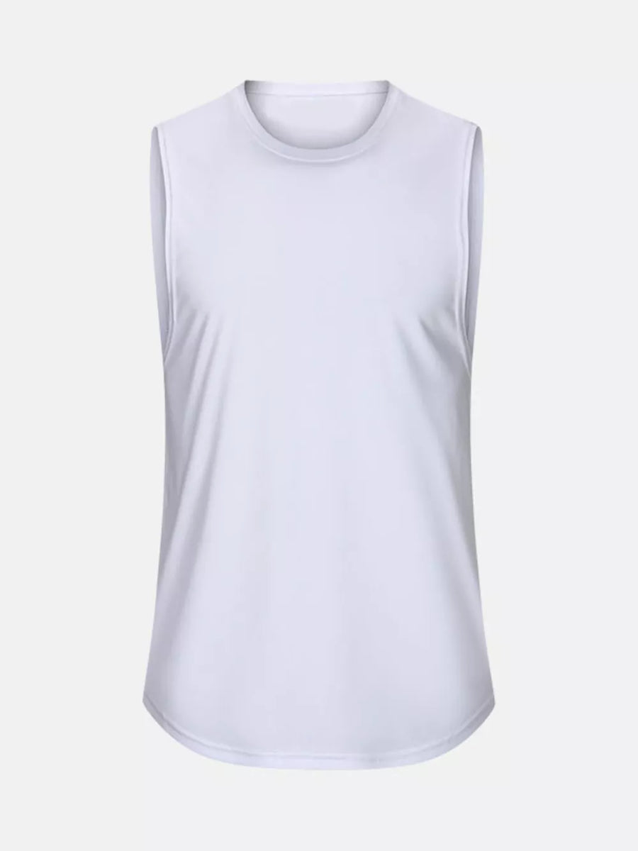 White relaxed fit men's tank top with crew neck and curved hem