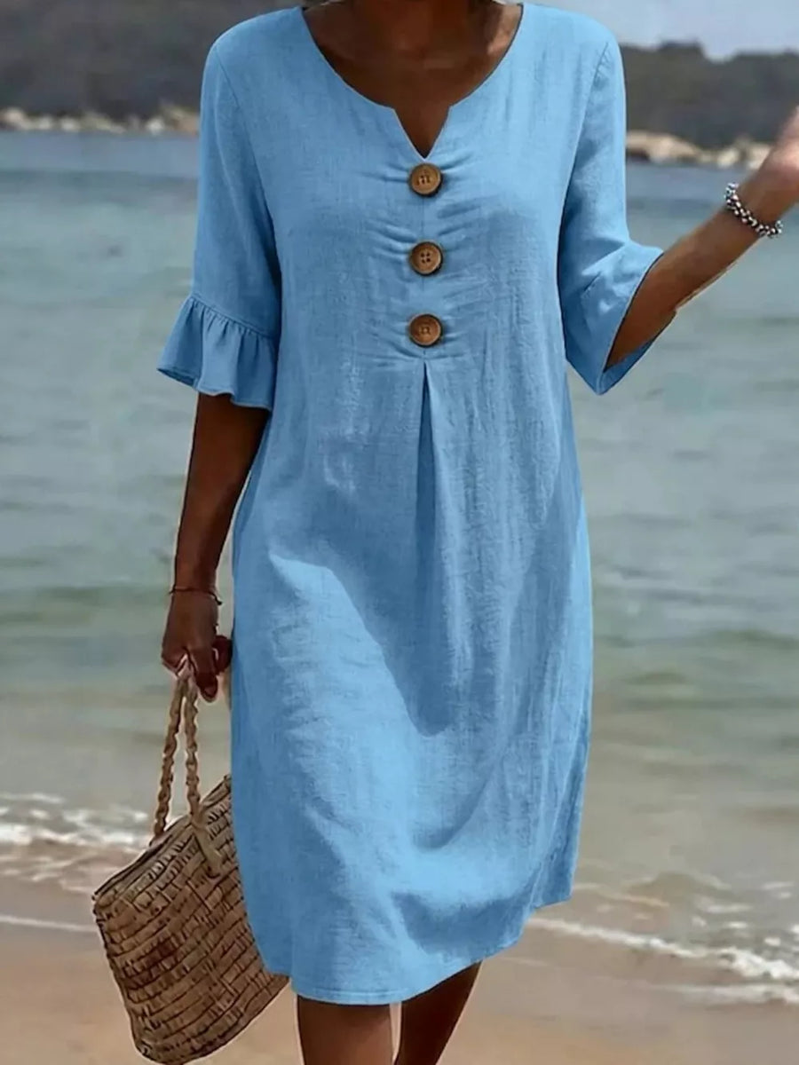 Green Full Size Casual Button Midi Dress With Ruffle Sleeves