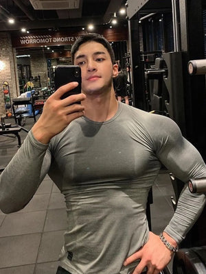 Sculpted Fit Performance Long Sleeve Tee in Dark Gray, crew neck, fitted activewear top.