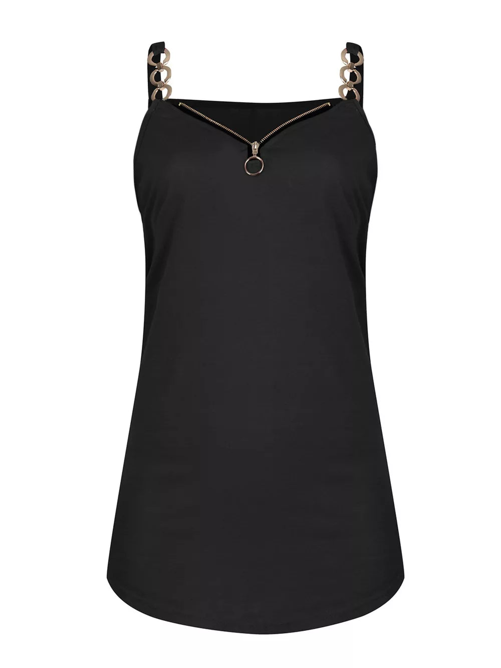 Black camisole with zipper neckline and chain straps