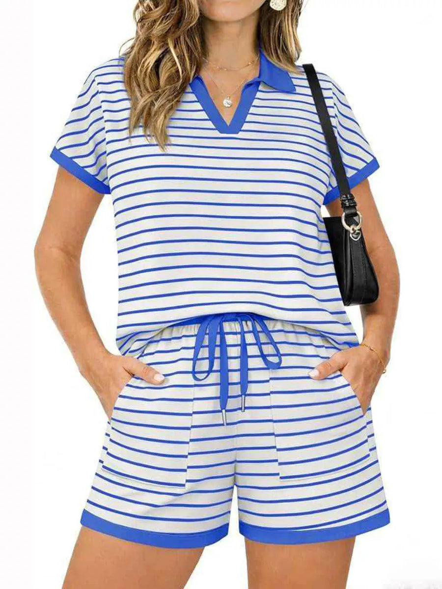 Blue striped polo shirt and drawstring shorts set with pockets.