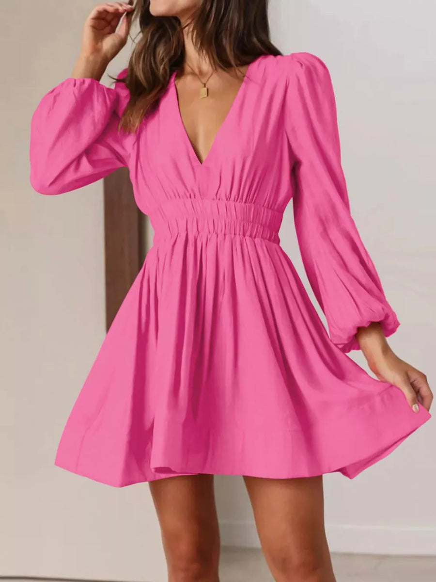 Hot Pink V-neck mini dress with puff sleeves and elastic waist, A-line skirt.