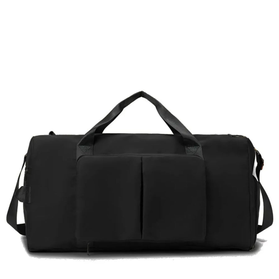 Black duffel bag with dual top handles, a detachable shoulder strap, and a front pocket with two compartments.