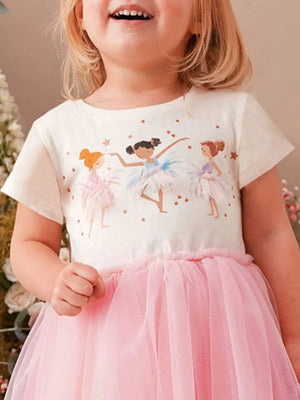 Baby girls' white cotton dress with ballerina graphic and pink tulle skirt.