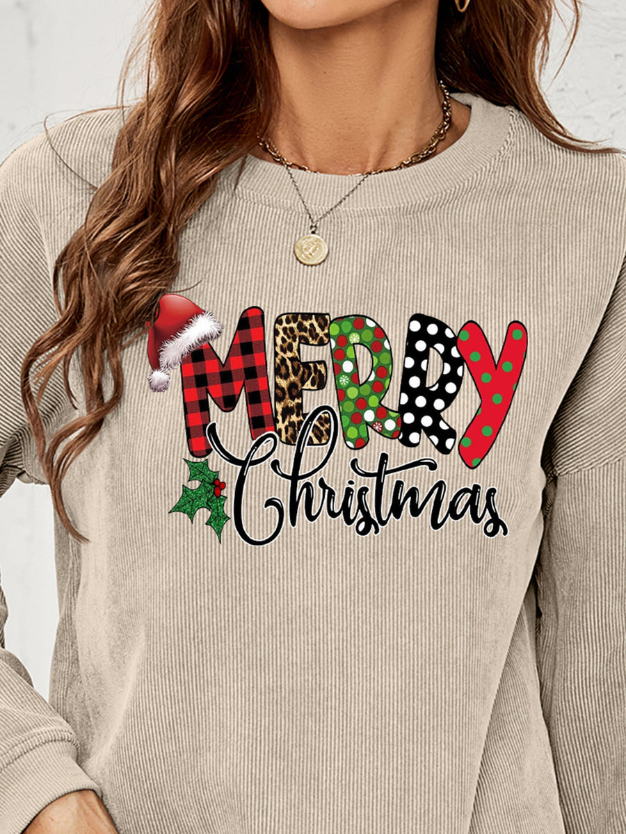 Beige corduroy sweatshirt with Merry Christmas graphic and Santa hat detail.