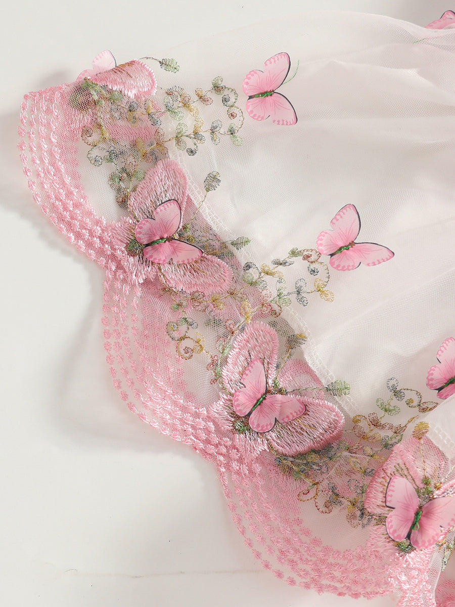 dress in hot pink with floral,butterfly-print and ruffled