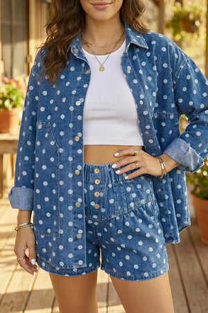 Dusty Blue with Polka Dot Long Sleeve Collar Shift Tunic Denim Jacket