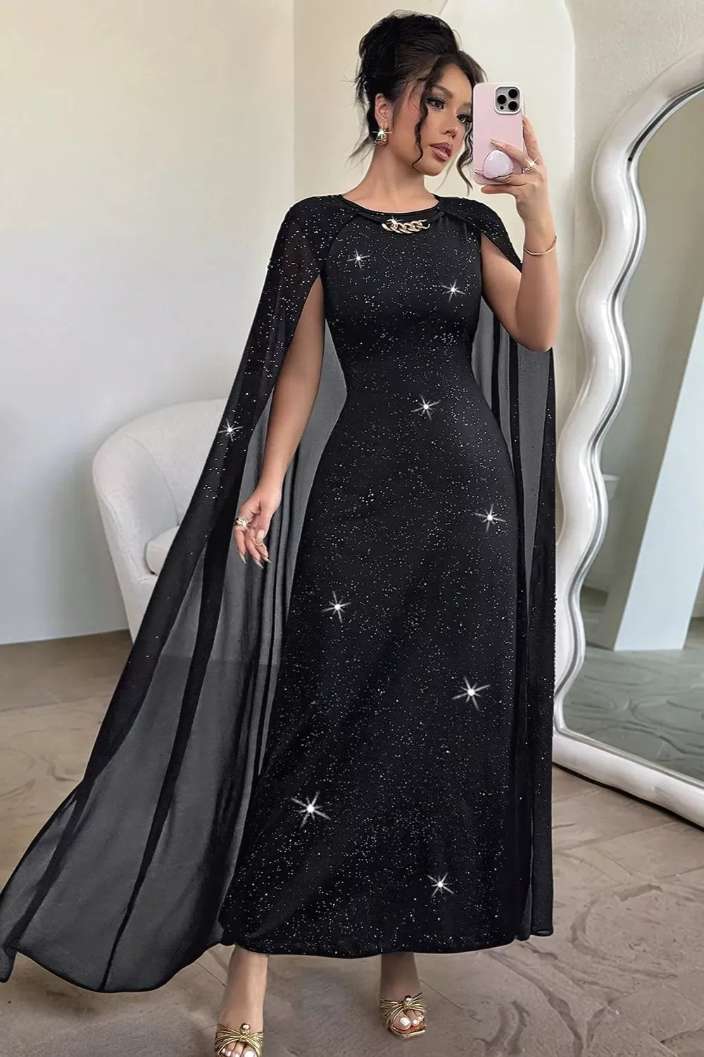 maxi dress in black featuring glitter and fitted fit